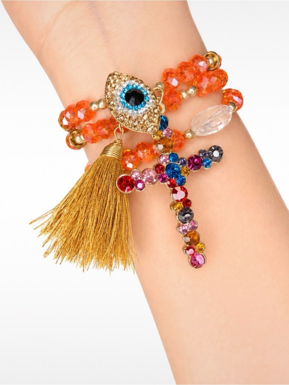 Gold Tassel & Orange Bead Bracelet with Multicolor Crystal Cross
